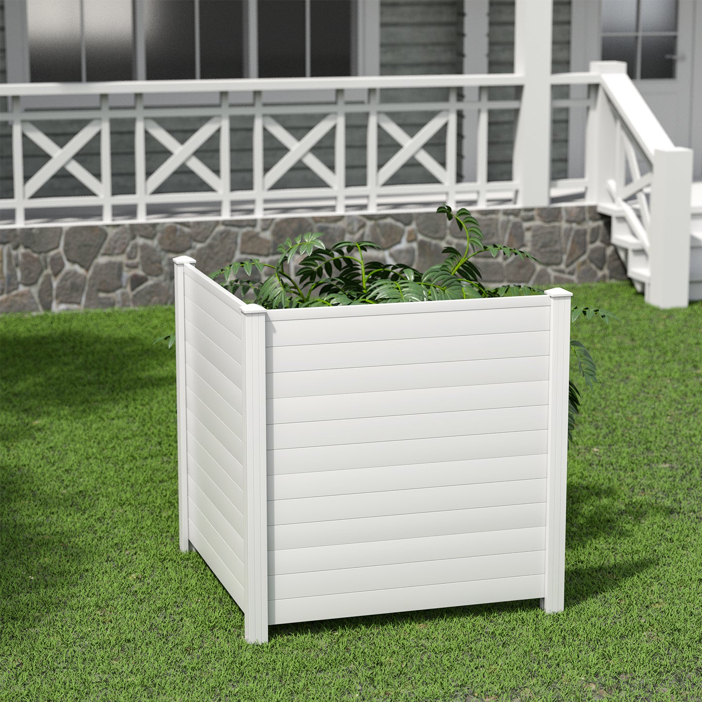 Topbuy Outdoor Privacy Fence Panel 2 Picket PVC Decorative Fence w/3 Cuspidal Stakes Trash Enclosure & Air Conditioner Freestanding Fence for Garden