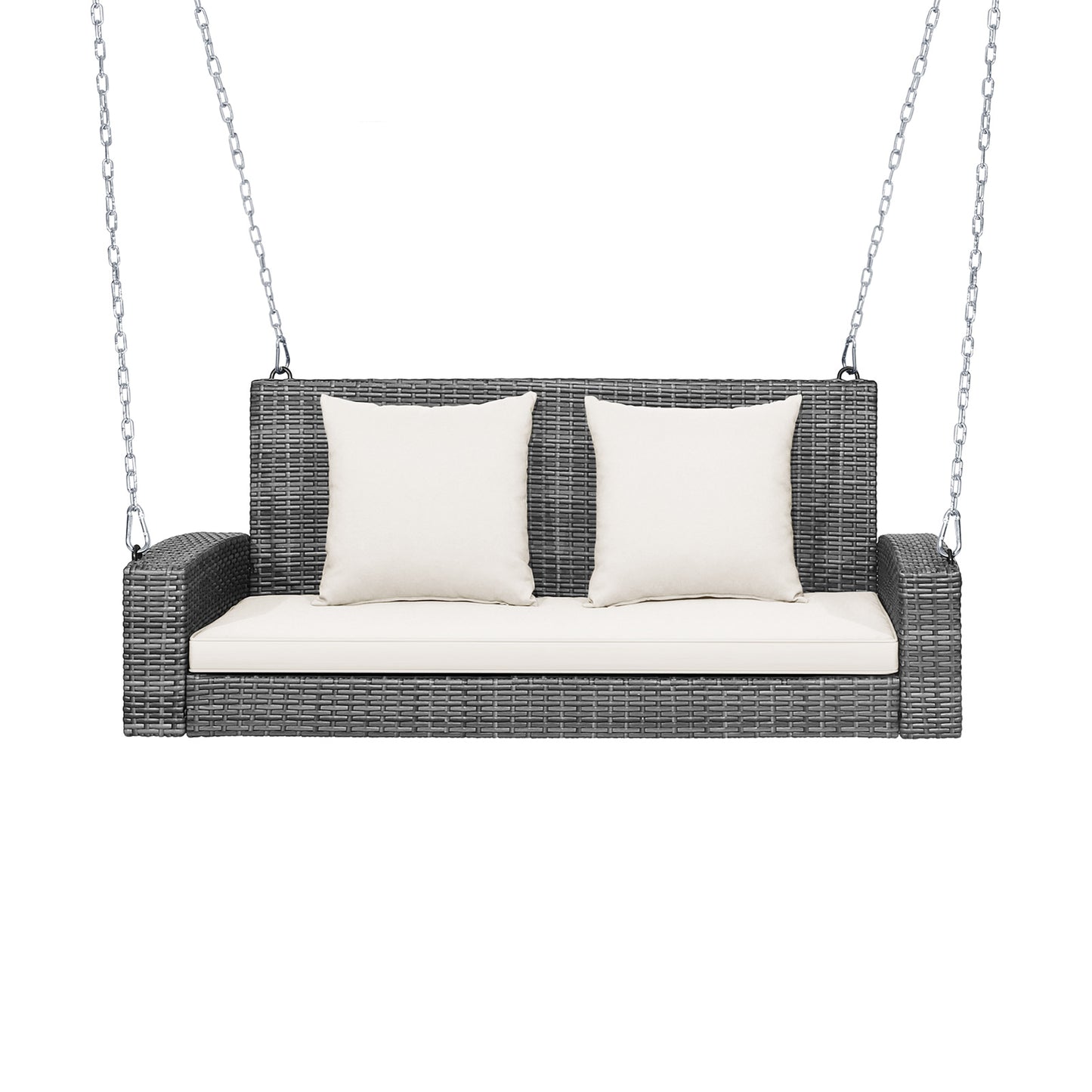 Patiojoy Outdoor Porch Swing Bench, Patio Wicker Hanging Swing with Rustproof Chains & Comfortable Cushions Off White/Turquoise/Red/Black