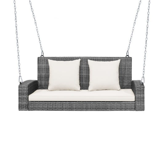Patiojoy Outdoor Porch Swing Bench, Patio Wicker Hanging Swing with Rustproof Chains & Comfortable Cushions Off White/Turquoise/Red/Black