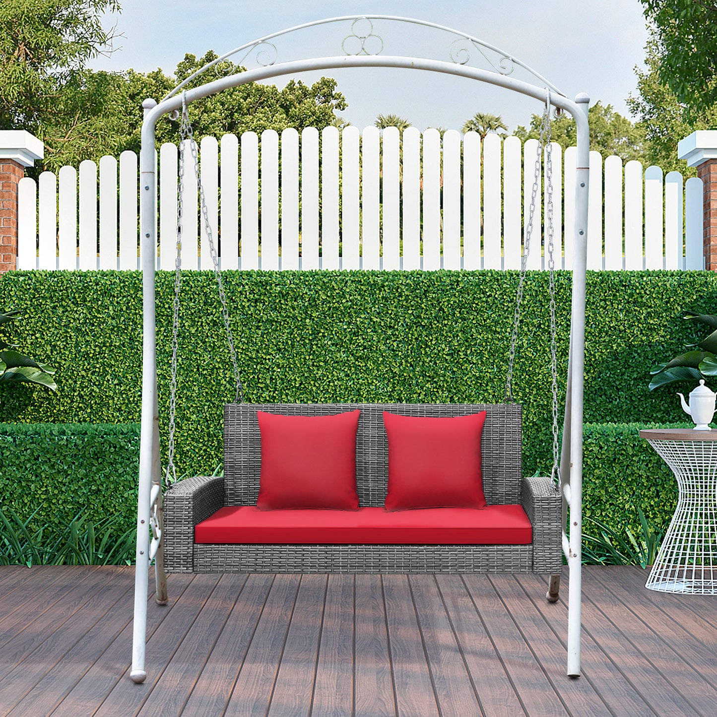 Patiojoy Outdoor Porch Swing Bench, Patio Wicker Hanging Swing with Rustproof Chains & Comfortable Cushions Off White/Turquoise/Red/Black