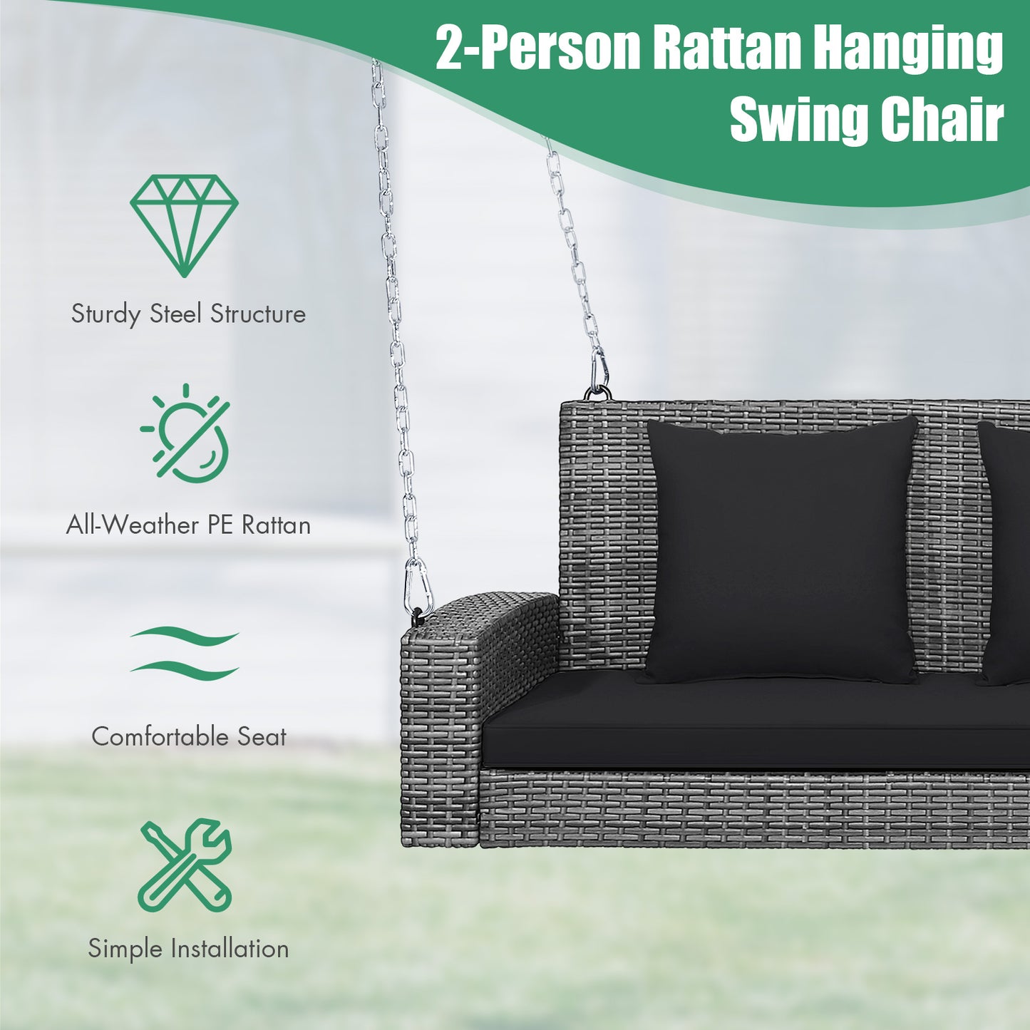 Patiojoy Outdoor Porch Swing Bench, Patio Wicker Hanging Swing with Rustproof Chains & Comfortable Cushions Off White/Turquoise/Red/Black