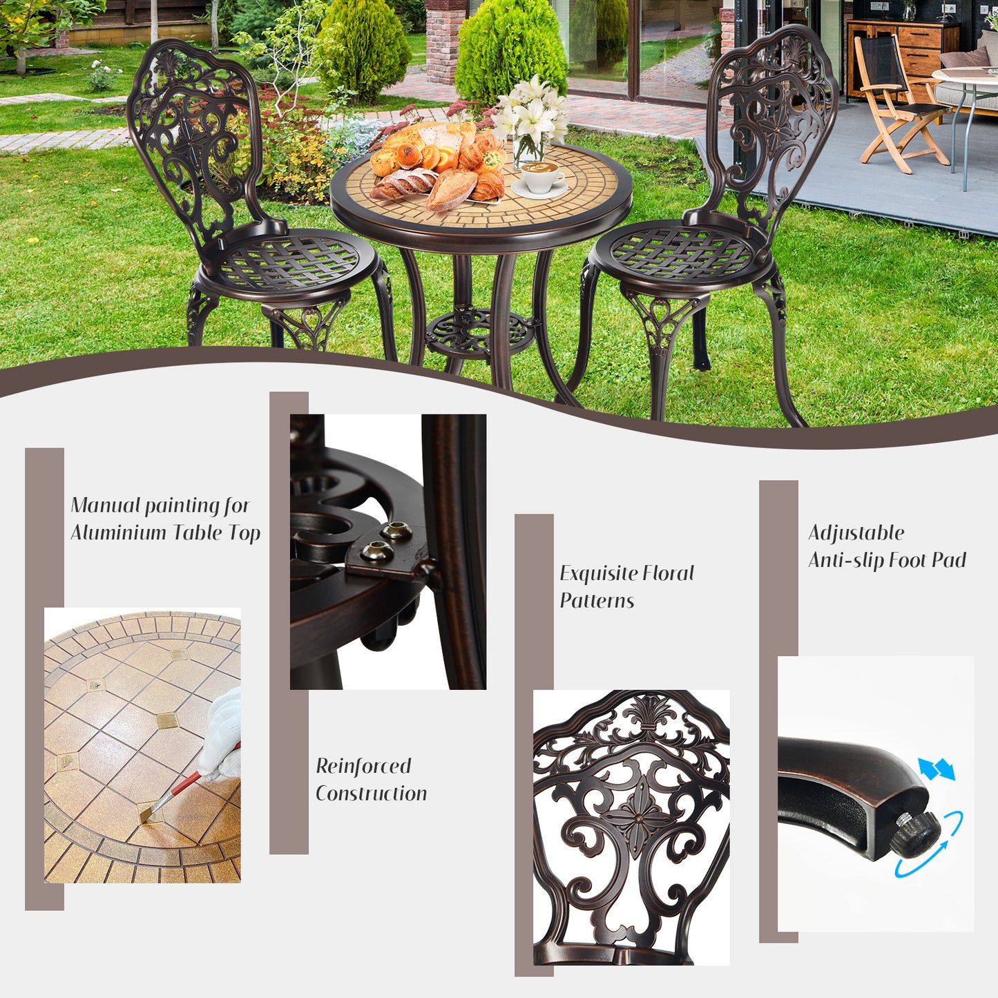 Topbuy 3-Piece Cast Aluminum Bistro Set Outdoor Patio Bistro Table Set Outdoor Round Bistro Table and Chairs for Porch