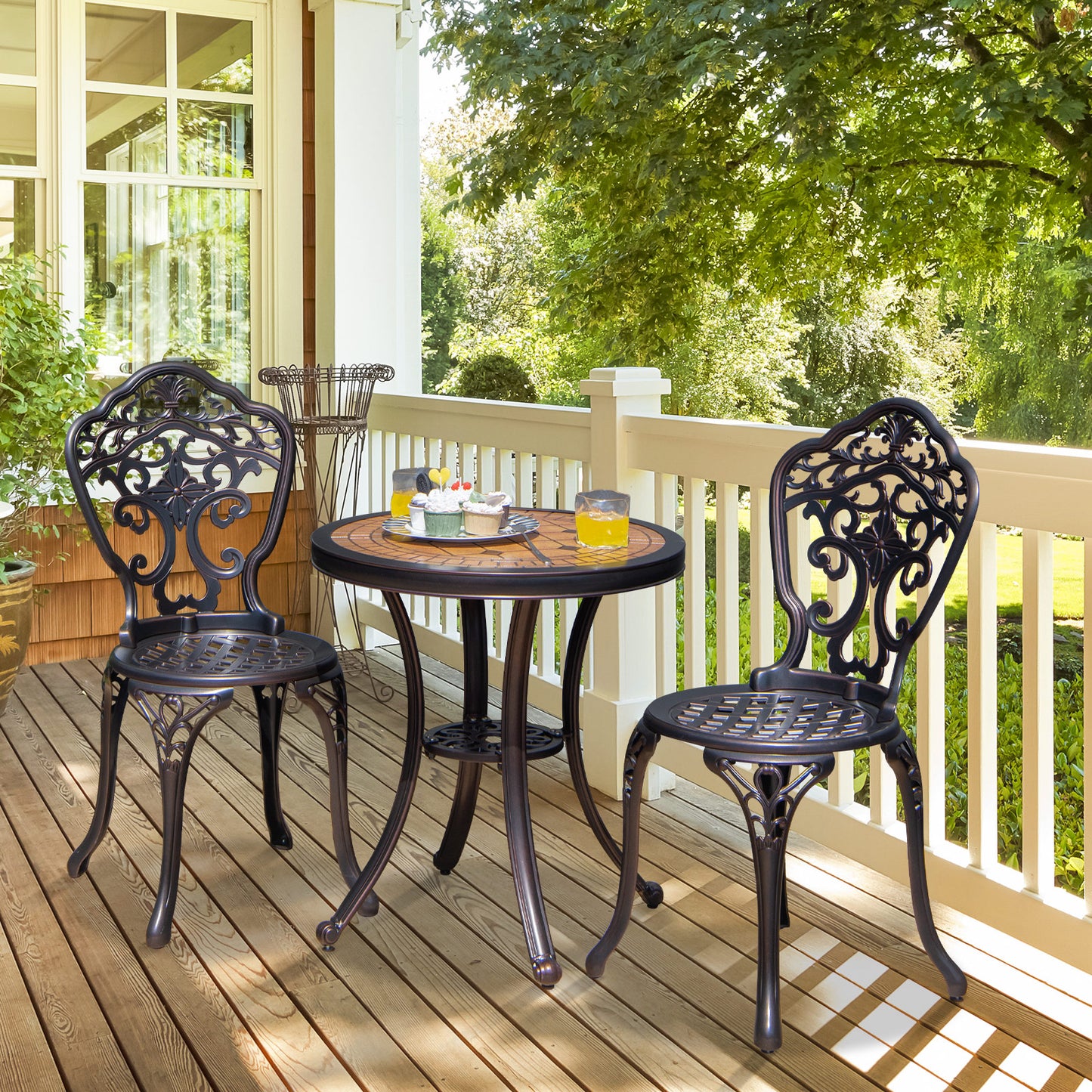 Topbuy 3-Piece Cast Aluminum Bistro Set Outdoor Patio Bistro Table Set Outdoor Round Bistro Table and Chairs for Porch