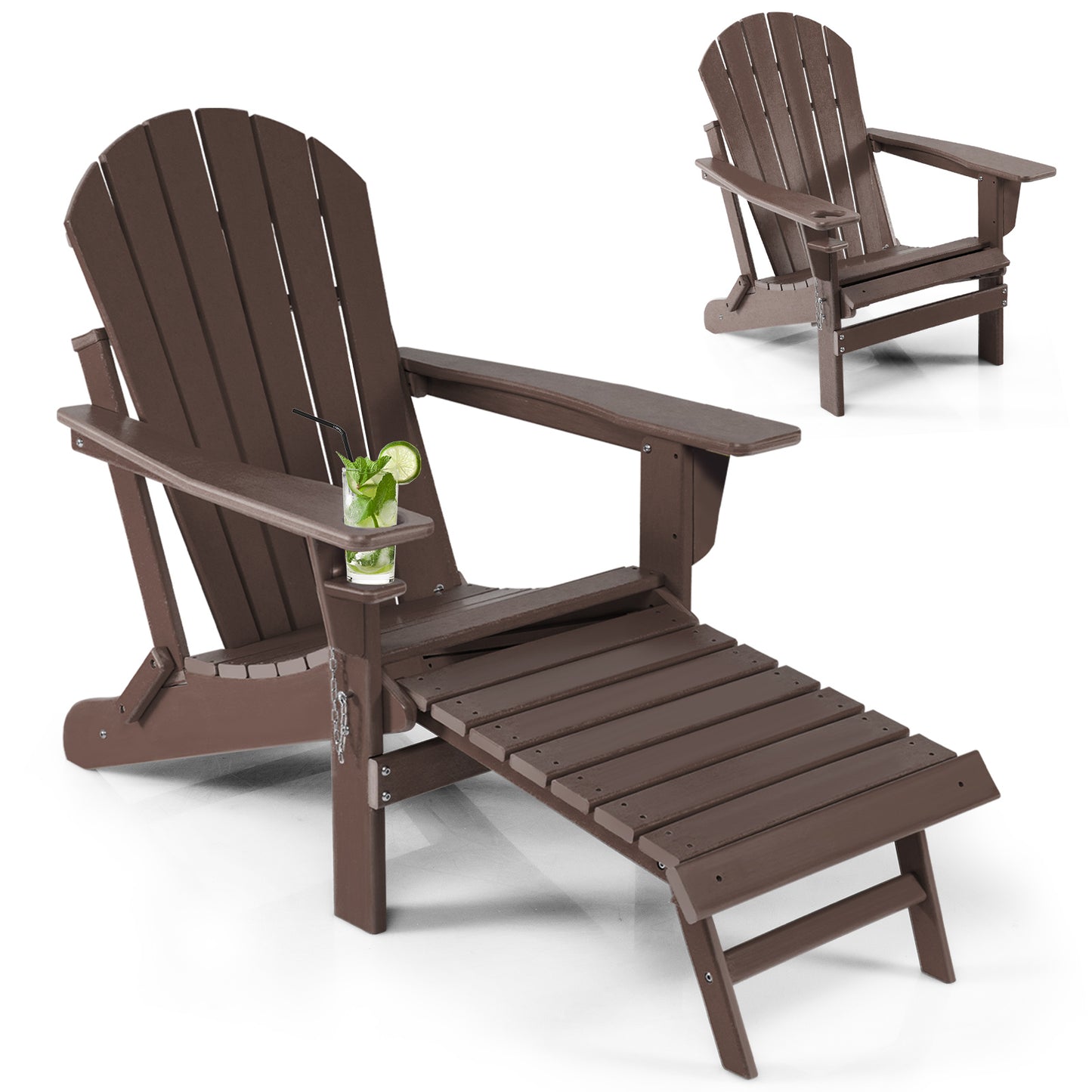 Patiojoy Wooden Adirondack Chair W/Ergonomic Design&Ottoman Outdoor Armchair Acacia Wood chair for Yard&Patio Black/Coffee/Grey/Turquoise/White