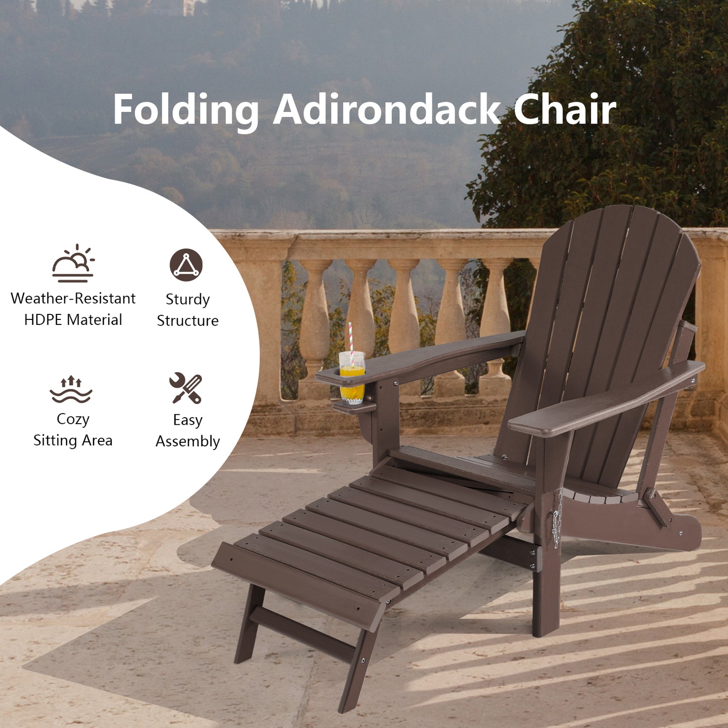 Patiojoy Wooden Adirondack Chair W/Ergonomic Design&Ottoman Outdoor Armchair Acacia Wood chair for Yard&Patio Black/Coffee/Grey/Turquoise/White