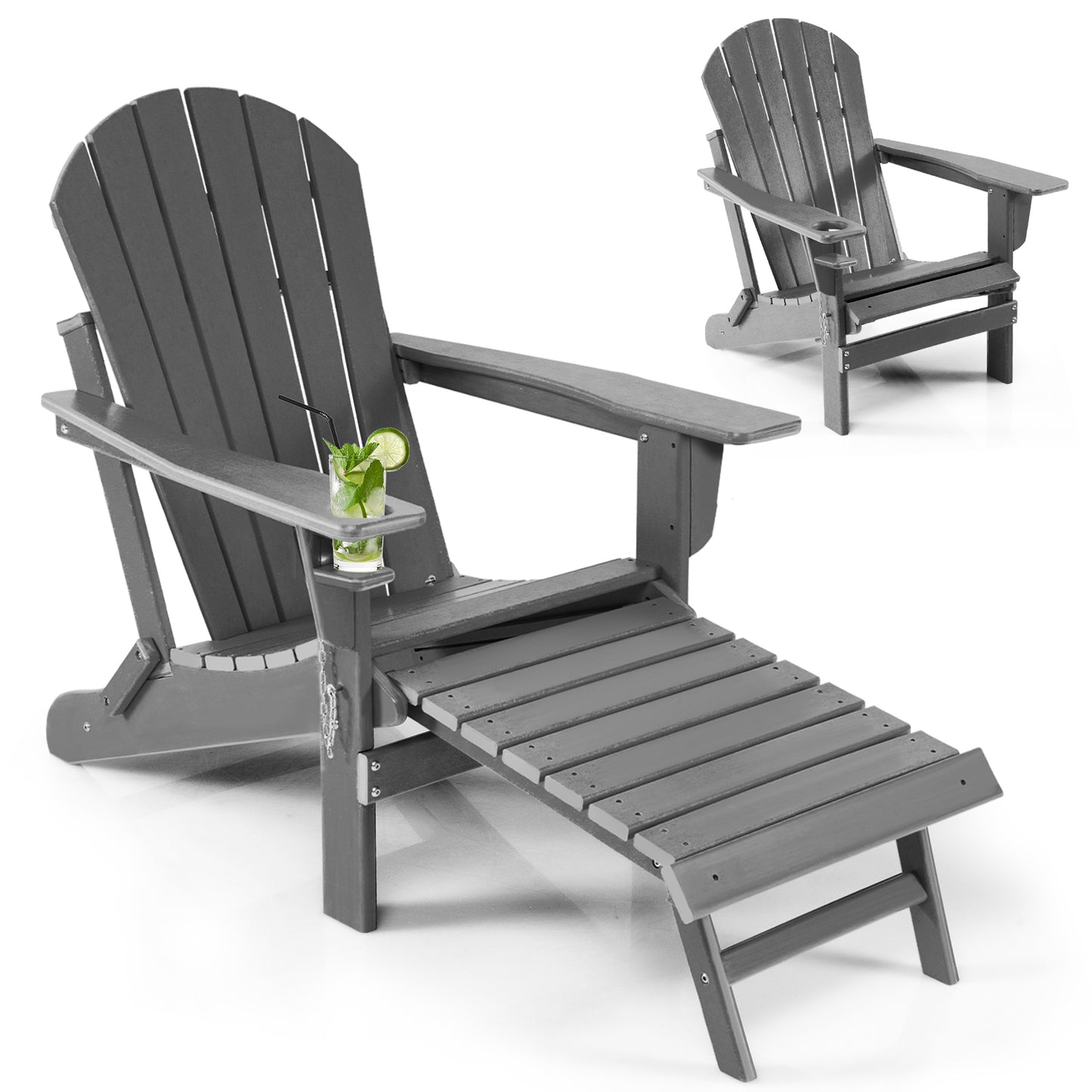 Patiojoy Wooden Adirondack Chair W/Ergonomic Design&Ottoman Outdoor Armchair Acacia Wood chair for Yard&Patio Black/Coffee/Grey/Turquoise/White