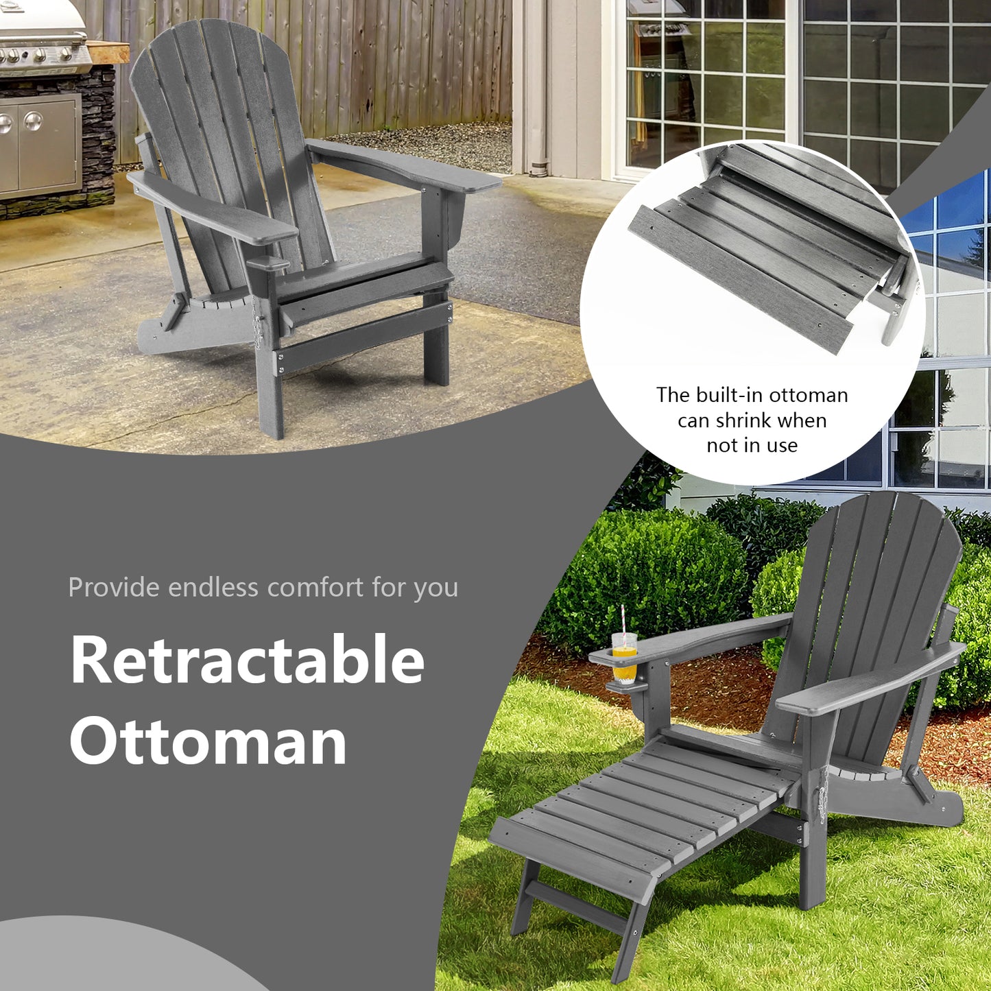 Patiojoy Wooden Adirondack Chair W/Ergonomic Design&Ottoman Outdoor Armchair Acacia Wood chair for Yard&Patio Black/Coffee/Grey/Turquoise/White