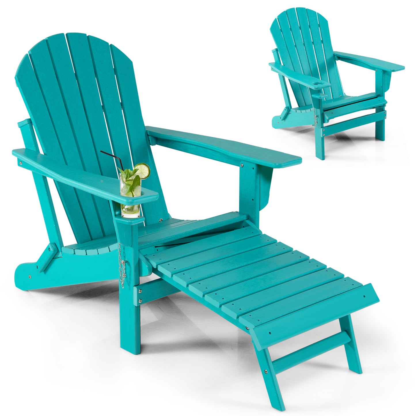 Patiojoy Wooden Adirondack Chair W/Ergonomic Design&Ottoman Outdoor Armchair Acacia Wood chair for Yard&Patio Black/Coffee/Grey/Turquoise/White