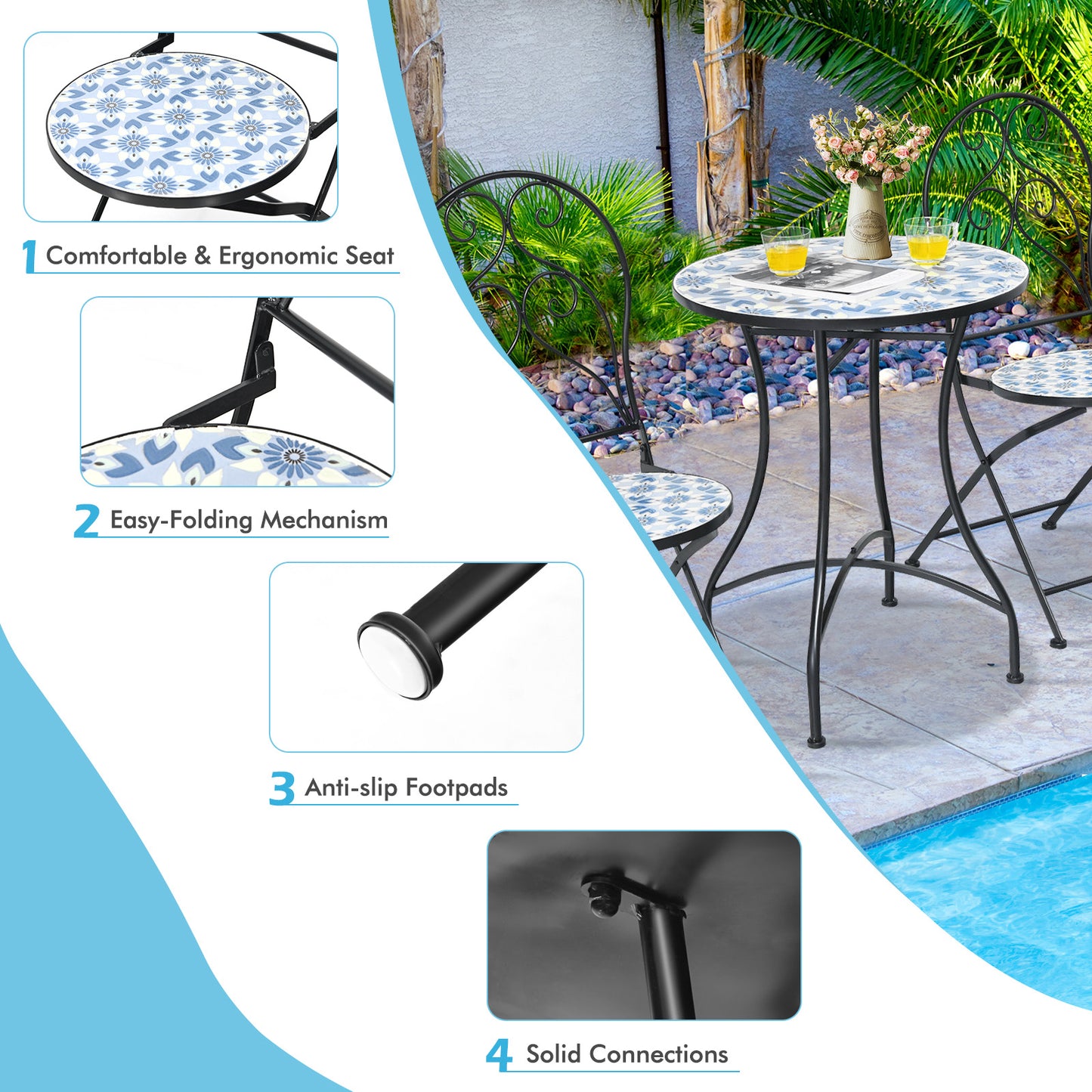 Topbuy 28.5inch Patio Mosaic Round Bistro Metal Table with HeavyDuty Steel Frame&Ceramic Tile Tabletop for Outdoor Garden Deck Backyard