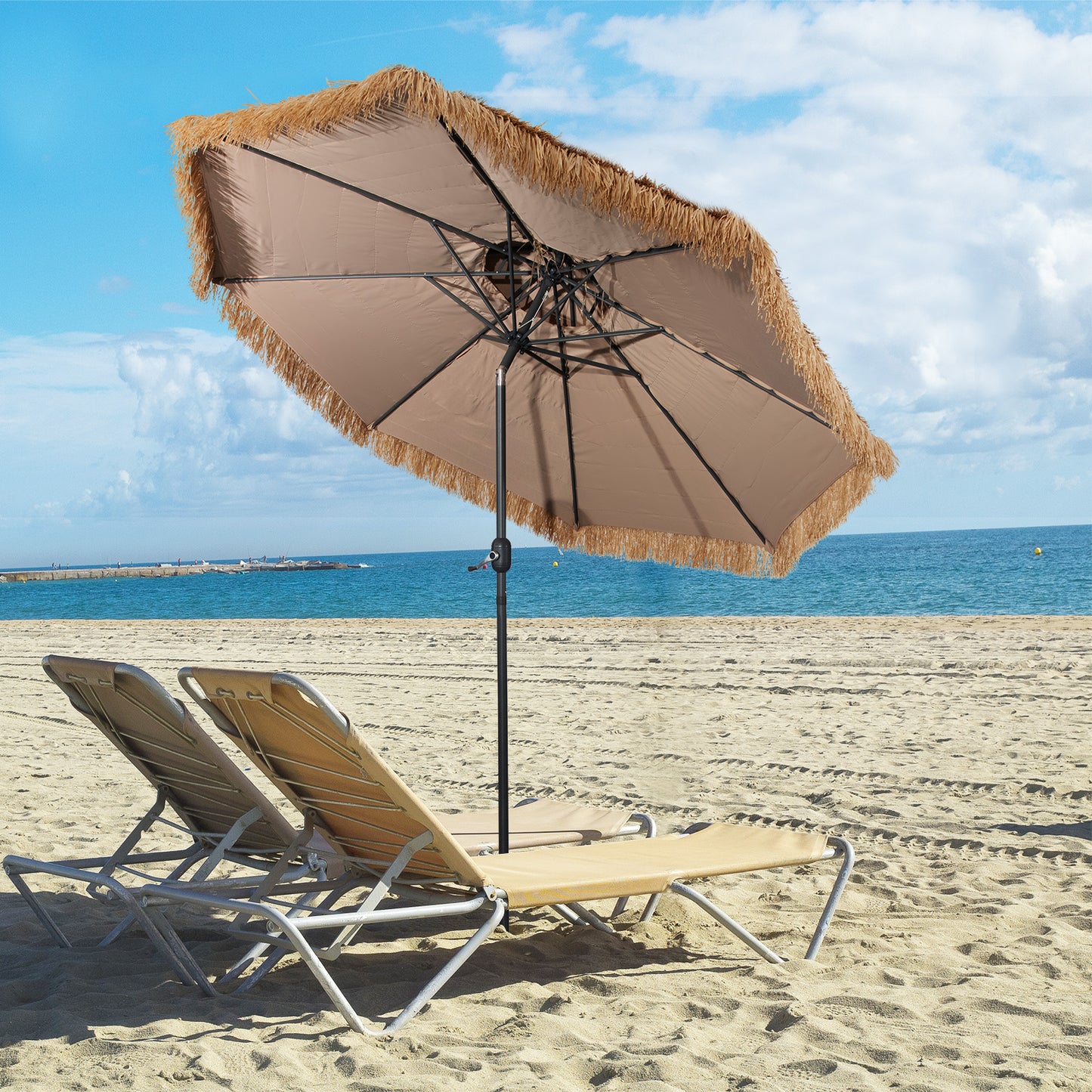 Topbuy 10 ft Patio Tiki Umbrella Outdoor Double-Top Thatch Umbrella W/ 30?? Tilting Design 11-Tier Endothermic Straw Heavy-Duty Steel Pole