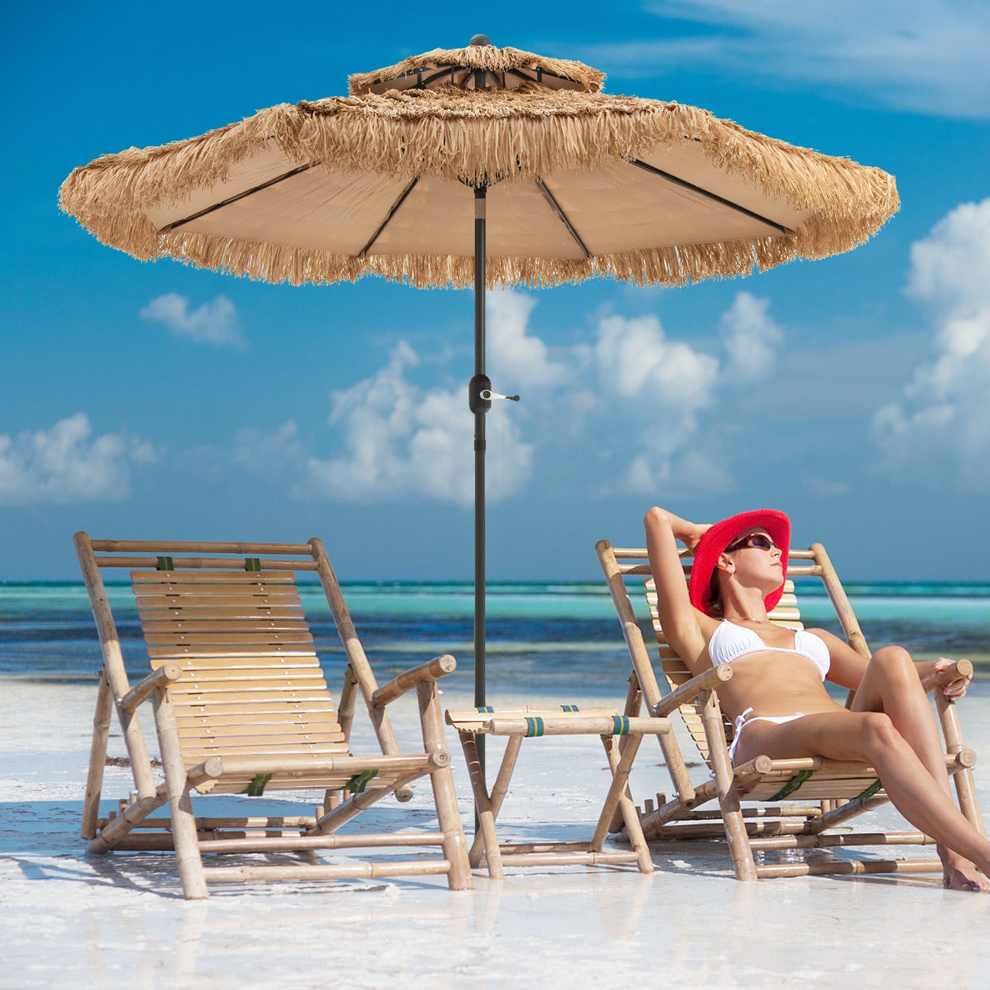 Topbuy 9 ft Outdoor Tiki Umbrella Double-Roof Hawaii Style Umbrella W/ Tilt Mechanism & Hand Crank 9-Tier Endothermic Straw 8 Sturdy Steel Ribs
