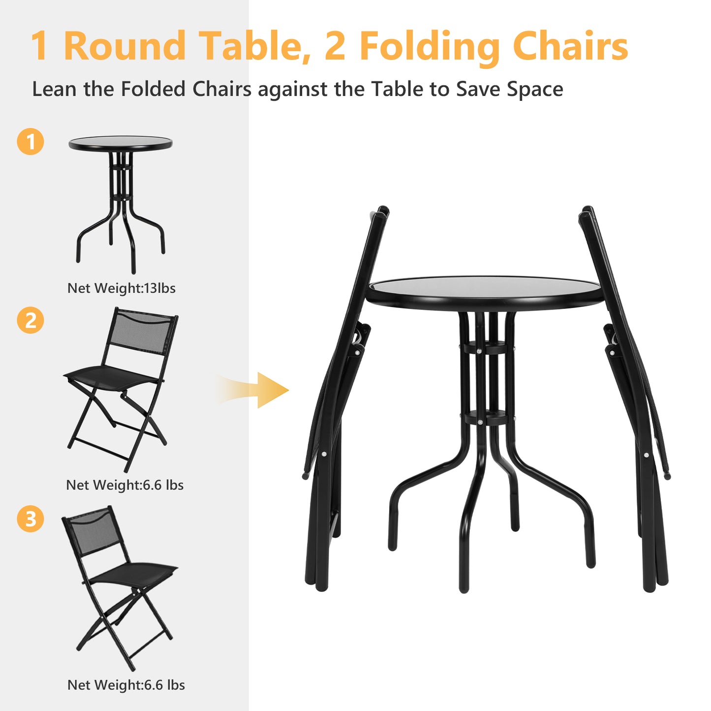 Topbuy 3-Piece Patio Bistro Dining Furniture Set, Outdoor Patio Conversation Set with Round Black Tempered Glass Tabletop and 2 Folding Chairs