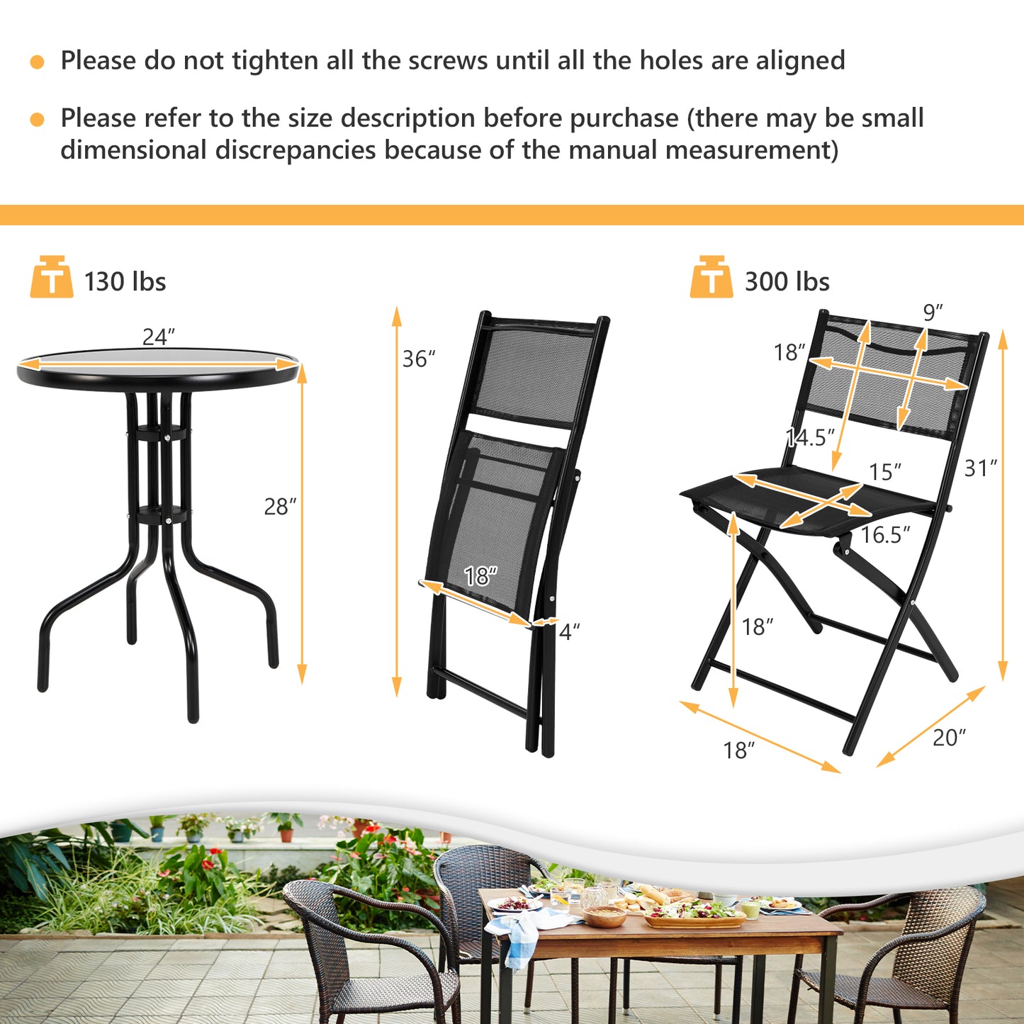 Topbuy 3-Piece Patio Bistro Dining Furniture Set, Outdoor Patio Conversation Set with Round Black Tempered Glass Tabletop and 2 Folding Chairs