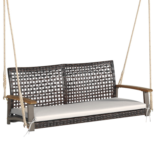 Patiojoy Patio 2-Person Loveseat Rattan Porch Hanging Swing Chair w/ Seat Cushion & Acacia Wood Armrests Black/Red/White