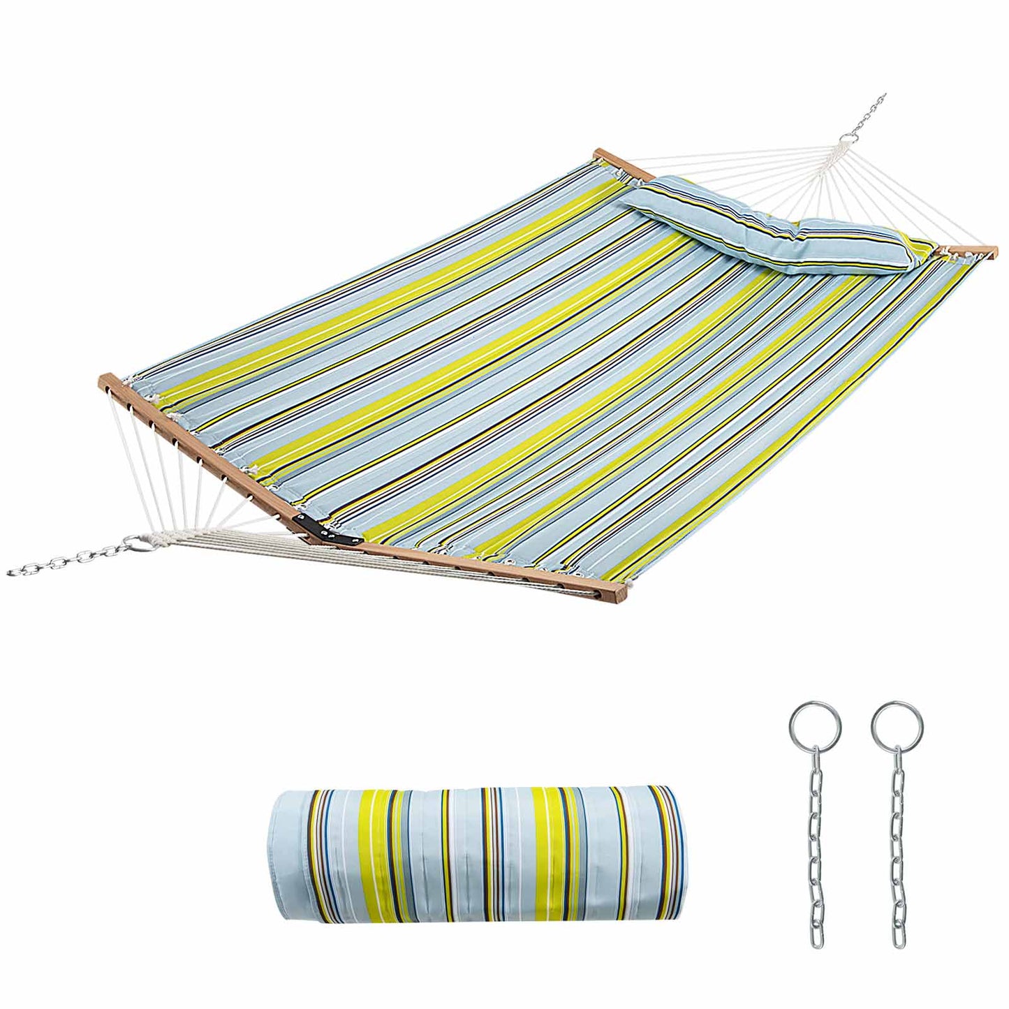 Patiojoy Portable Hammock W/ Spreader Bars & Detachable Pillow Quick Dry & Water Proof Material Hand Woven Cotton Rope Blue + Green/Light Blue + Yellow
