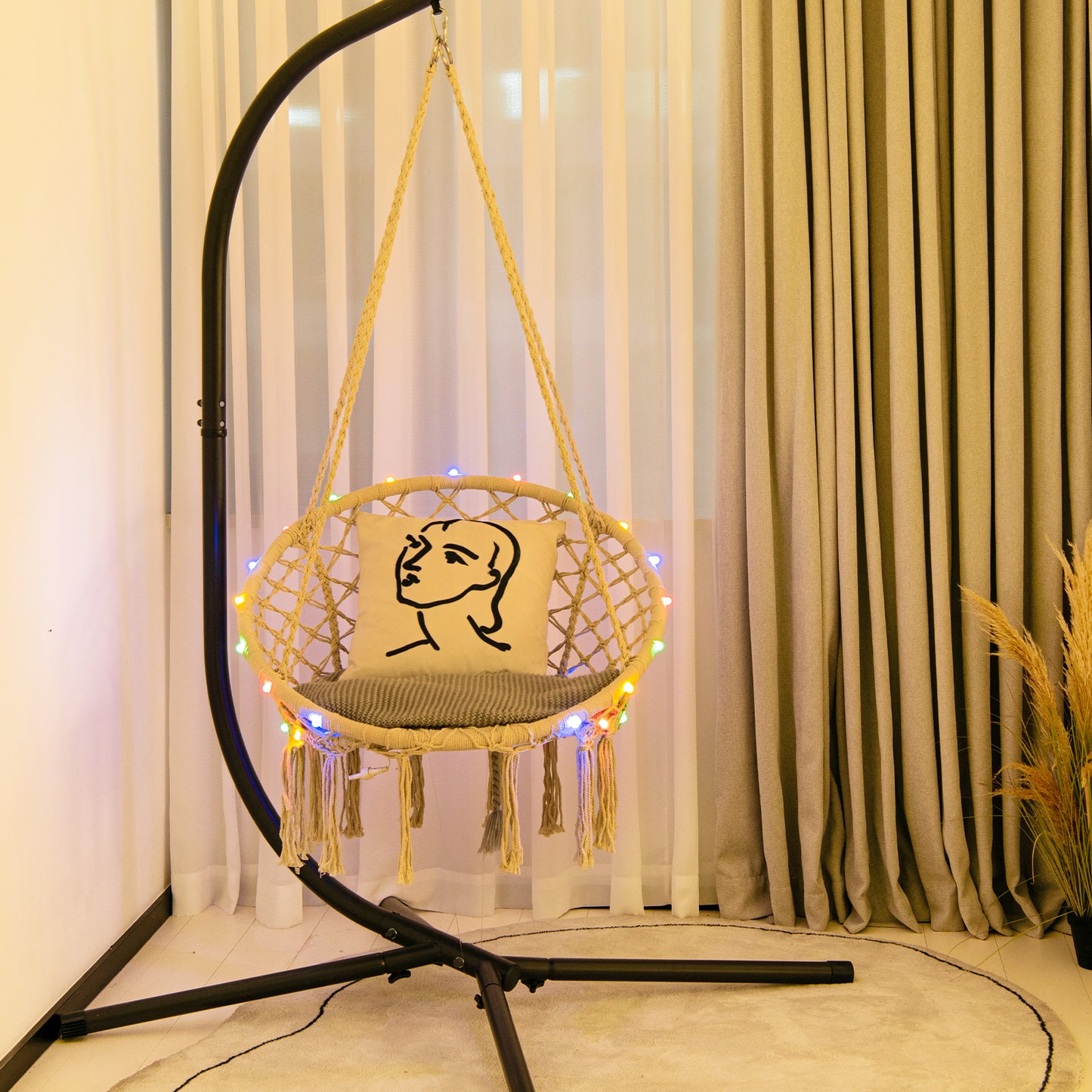 Patiojoy Hammock Chair Macrame Swing, Patio Hanging Hammock Chair W/ LED Lights, Hanging Cotton Rope Hammock Swing Chair for Indoor & Outdoor