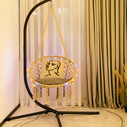 Patiojoy Hammock Chair Macrame Swing, Patio Hanging Hammock Chair W/ LED Lights, Hanging Cotton Rope Hammock Swing Chair for Indoor & Outdoor