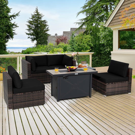 Patiojoy 6 Pieces Outdoor PE Rattan Wicker Sectional Sofa with 42'' 60,000 BTU Gas Fire Pit Table, Patio Conversation Set with Tempered Glass Coffee Table Black/Navy Blue/Red/Turquoise/Off White