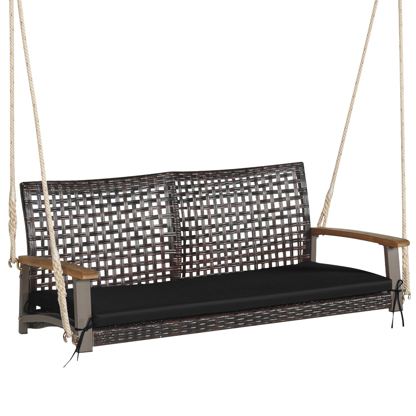 Patiojoy Patio 2-Person Loveseat Rattan Porch Hanging Swing Chair w/ Seat Cushion & Acacia Wood Armrests Black/Red/White