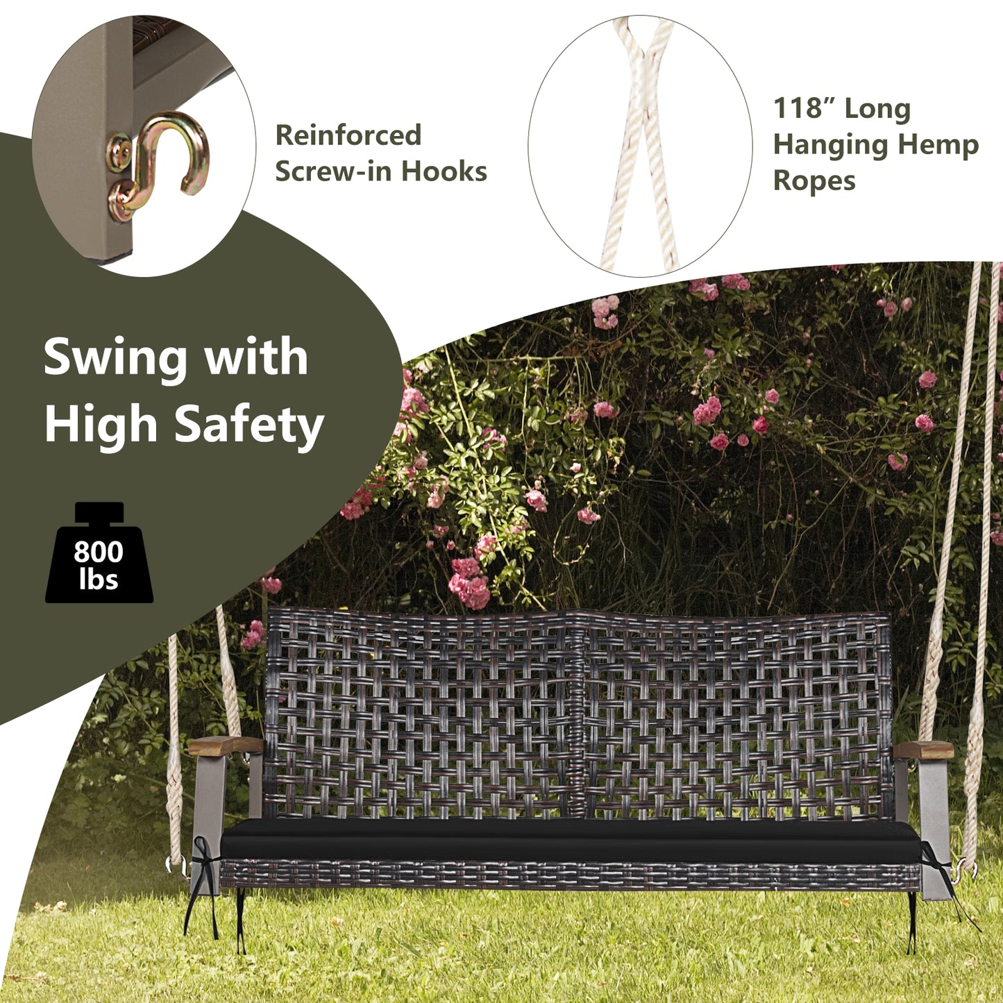 Patiojoy Patio 2-Person Loveseat Rattan Porch Hanging Swing Chair w/ Seat Cushion & Acacia Wood Armrests Black/Red/White