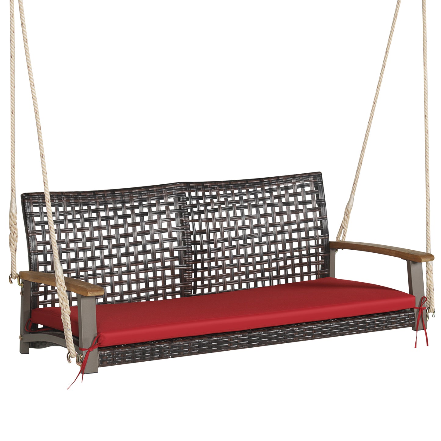Patiojoy Patio 2-Person Loveseat Rattan Porch Hanging Swing Chair w/ Seat Cushion & Acacia Wood Armrests Black/Red/White