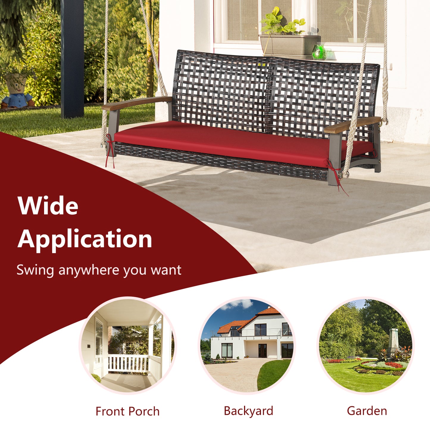Patiojoy Patio 2-Person Loveseat Rattan Porch Hanging Swing Chair w/ Seat Cushion & Acacia Wood Armrests Black/Red/White