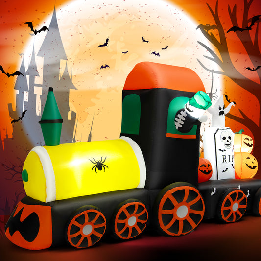 Topbuy 8 FT Long Halloween Inflatable Decoration w/ LEDs Inflatable Train w/ Pumpkins Ghost Skeleton Indoor Outdoor Halloween Decor for Party  Garden  Lawn
