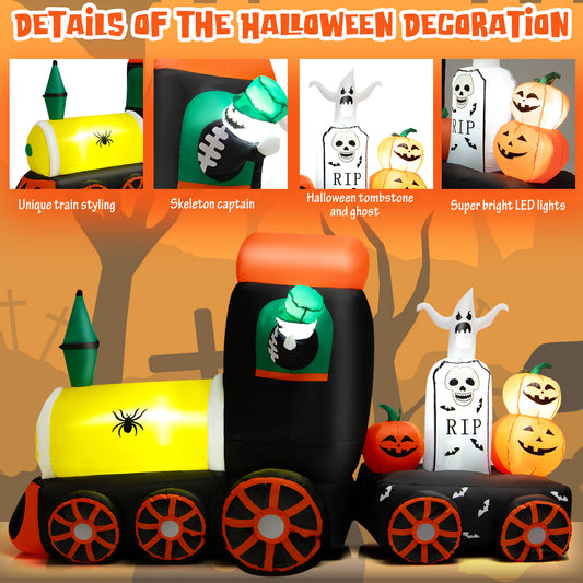 Topbuy 8 FT Long Halloween Inflatable Decoration w/ LEDs Inflatable Train w/ Pumpkins Ghost Skeleton Indoor Outdoor Halloween Decor for Party  Garden  Lawn