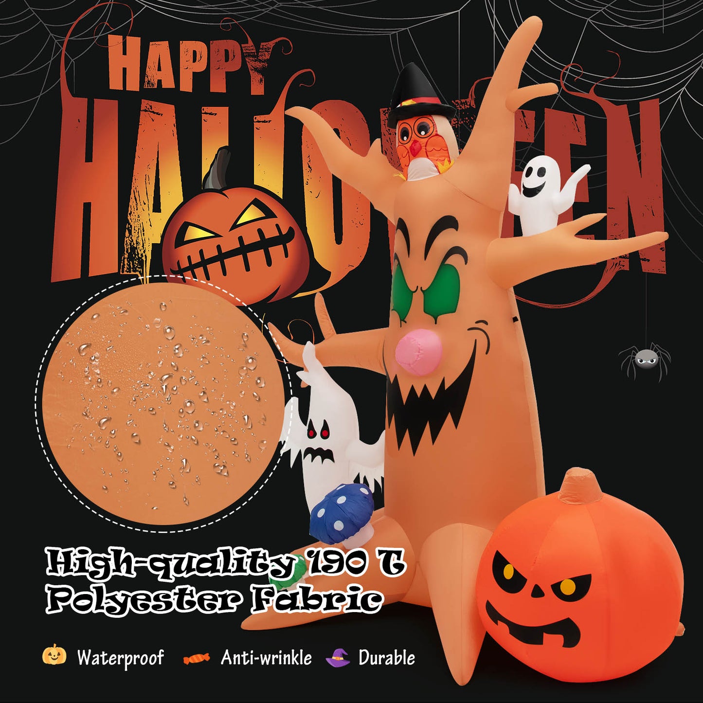 Topbuy 8 FT Inflatable Halloween Three White Ghosts with Pumpkin Blow-up Yard Decoration with Built-in LED Lights & Rotating Lamp Stable & Waterproof Halloween Decoration