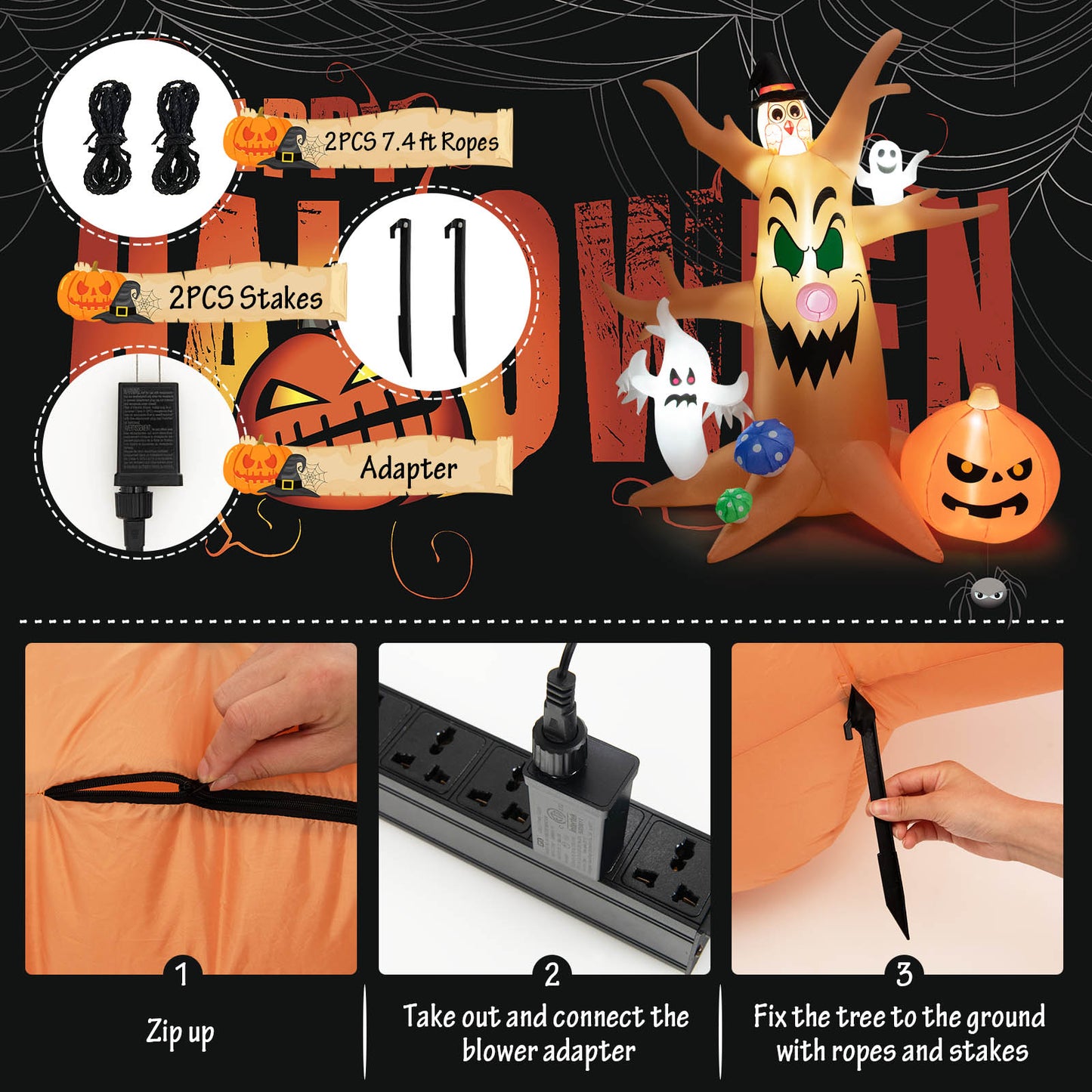 Topbuy 8 FT Inflatable Halloween Three White Ghosts with Pumpkin Blow-up Yard Decoration with Built-in LED Lights & Rotating Lamp Stable & Waterproof Halloween Decoration