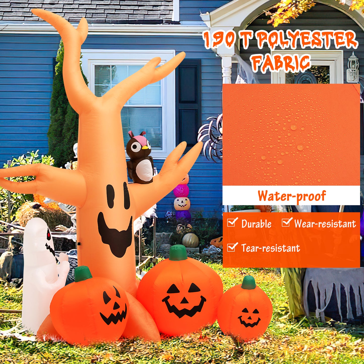 Topbuy 8FT Halloween Inflatable Decoration, Blow Up Dead Tree w/ Waterproof Air Blower Built-in?LED Lights 2 Ropes & Stakes Holiday Decor w/ Ghost Owl Pumpkin for Yard Garden Lawn