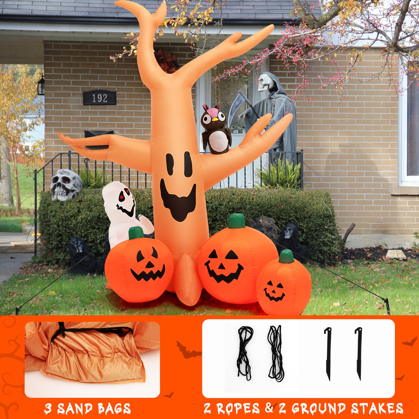 Topbuy 8FT Halloween Inflatable Decoration, Blow Up Dead Tree w/ Waterproof Air Blower Built-in?LED Lights 2 Ropes & Stakes Holiday Decor w/ Ghost Owl Pumpkin for Yard Garden Lawn