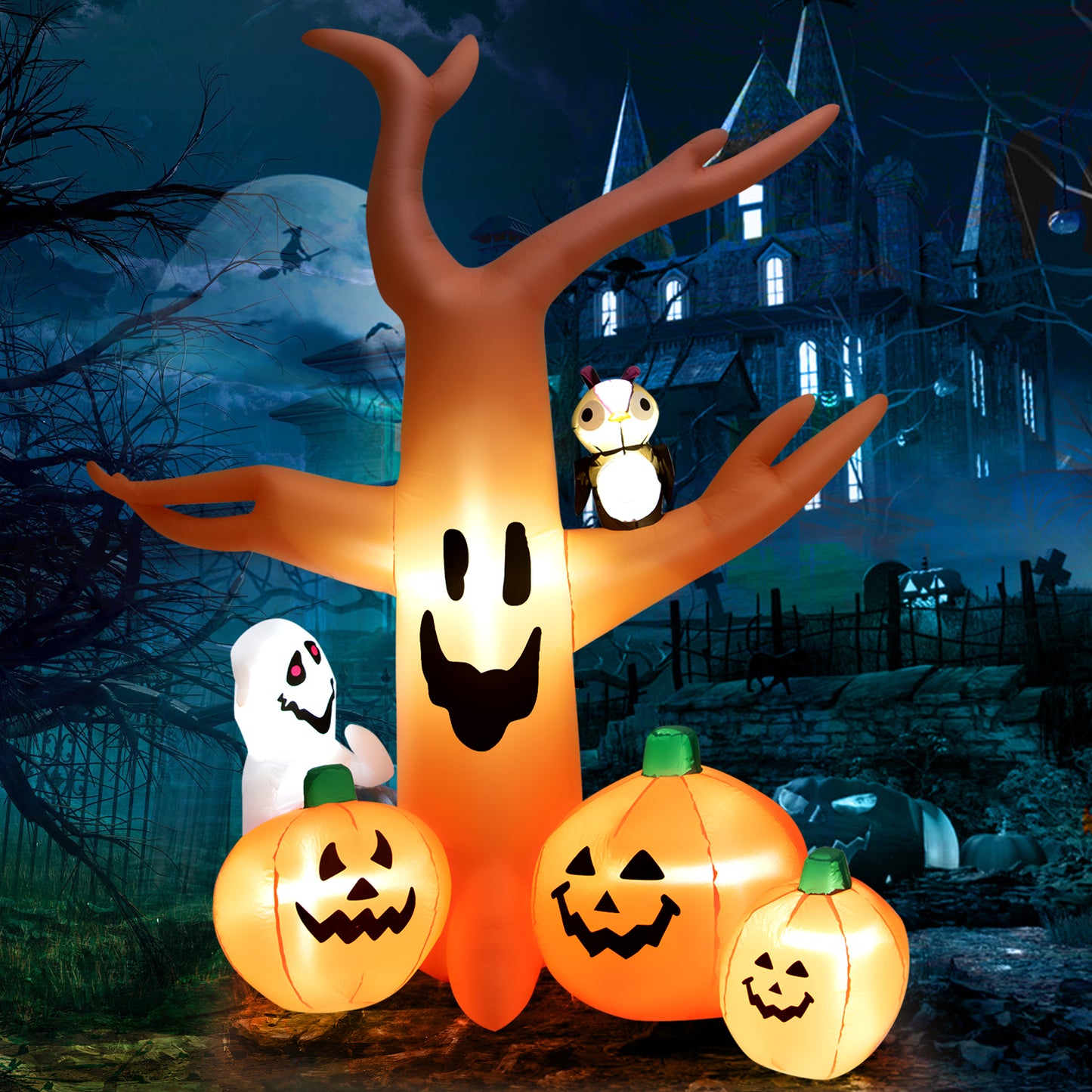 Topbuy 8FT Halloween Inflatable Decoration, Blow Up Dead Tree w/ Waterproof Air Blower Built-in?LED Lights 2 Ropes & Stakes Holiday Decor w/ Ghost Owl Pumpkin for Yard Garden Lawn