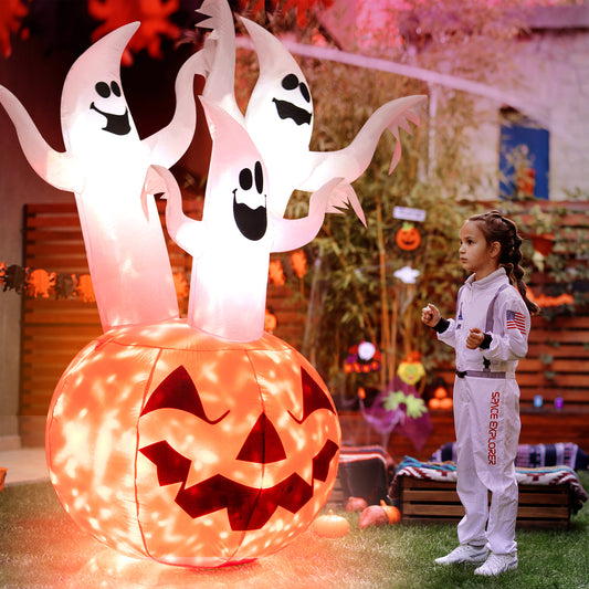 Topbuy 6FT Halloween Inflatable Decorations 3 White Ghosts on Pumpkin Spooky Halloween Blow Up Pumpkin Ghost Decor w/ Build-in LED Lights