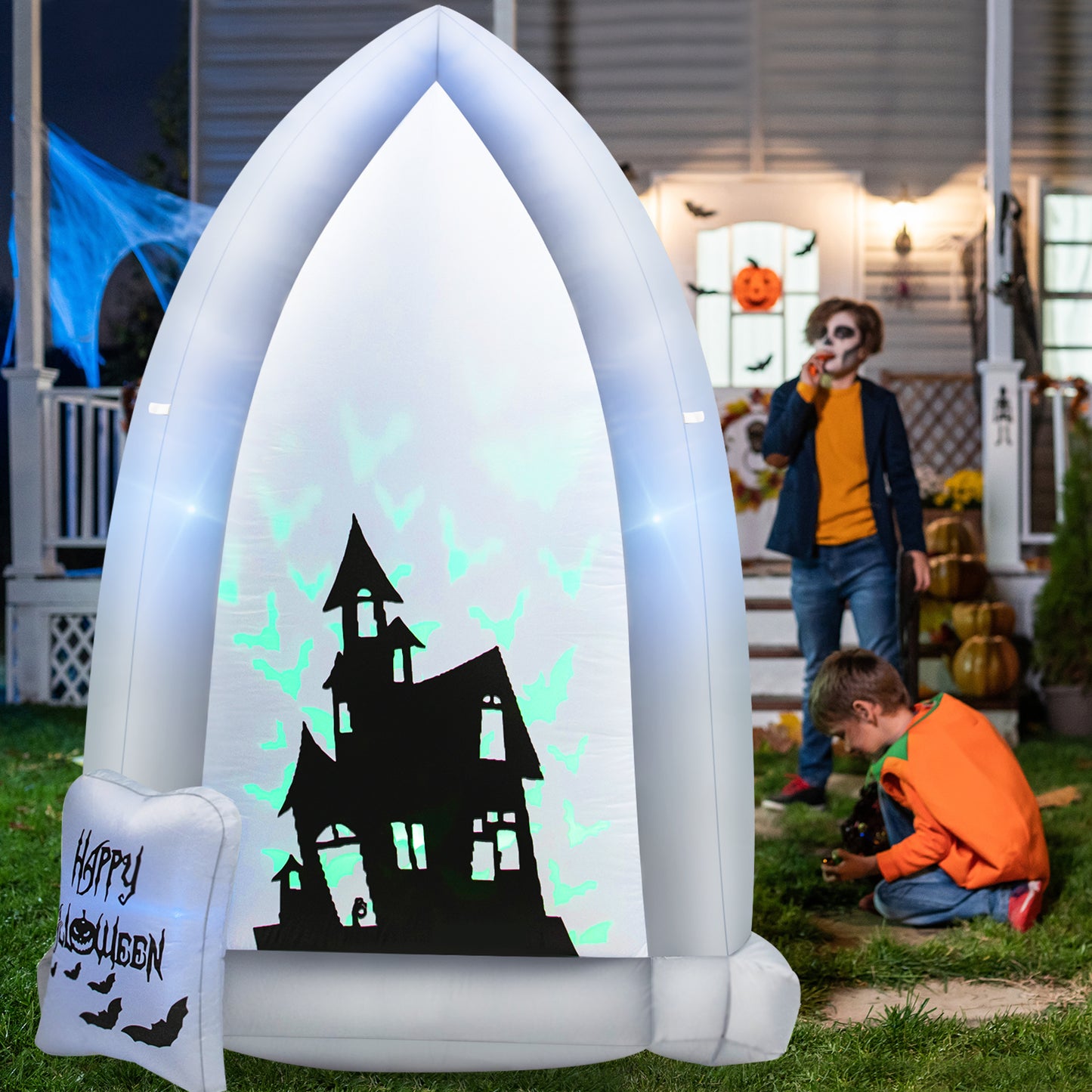 Topbuy 7FT Halloween Inflatable Decoration Outdoor Blow Up Tombstone w/ Waterproof Air Blower Built-in LED Lights