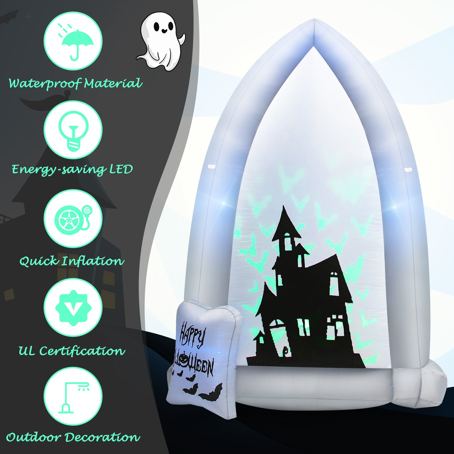 Topbuy 7FT Halloween Inflatable Decoration Outdoor Blow Up Tombstone w/ Waterproof Air Blower Built-in LED Lights