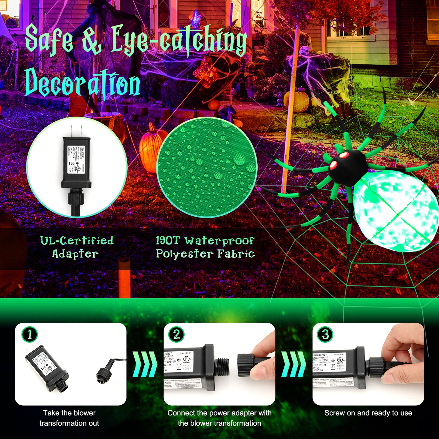 Topbuy Halloween Inflatable Spider with Cobweb Creepy Blow-up Spider with LED Rotating LED Light Green Black Legs Waterproof Halloween Decoration
