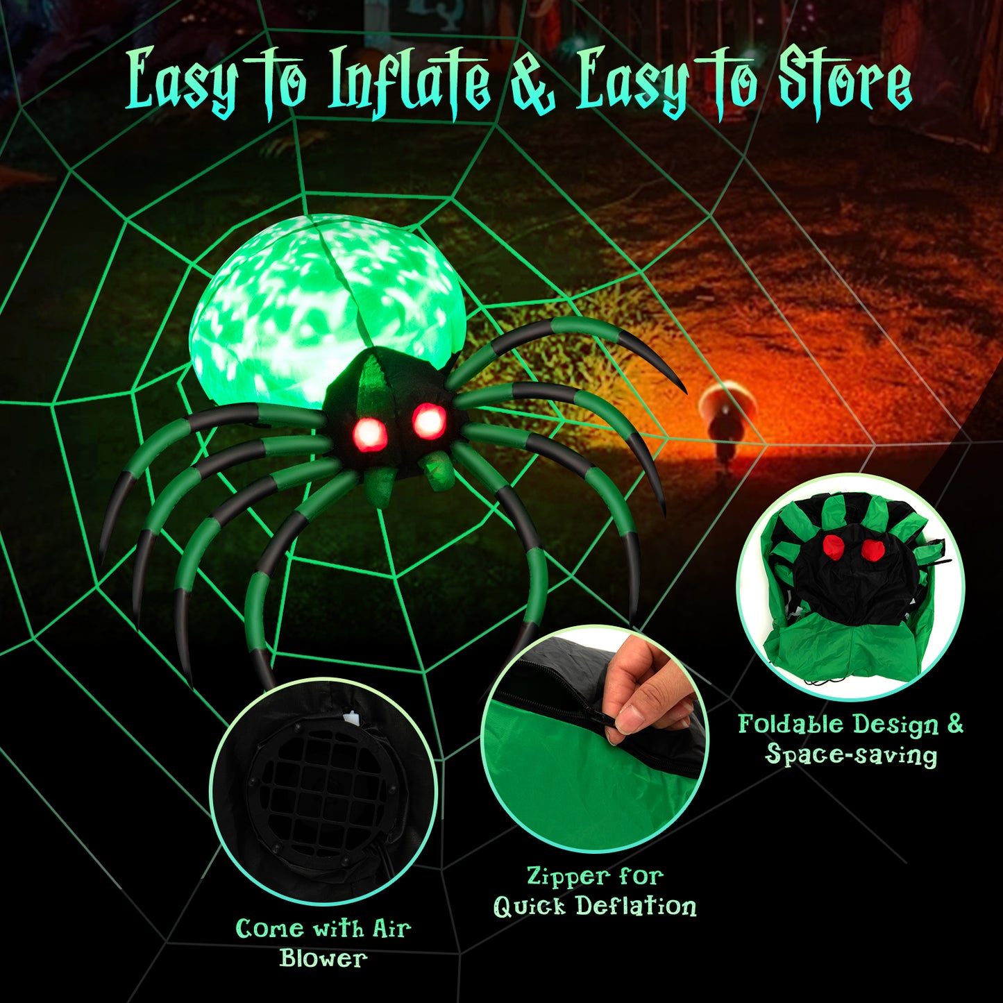 Topbuy Halloween Inflatable Spider with Cobweb Creepy Blow-up Spider with LED Rotating LED Light Green Black Legs Waterproof Halloween Decoration