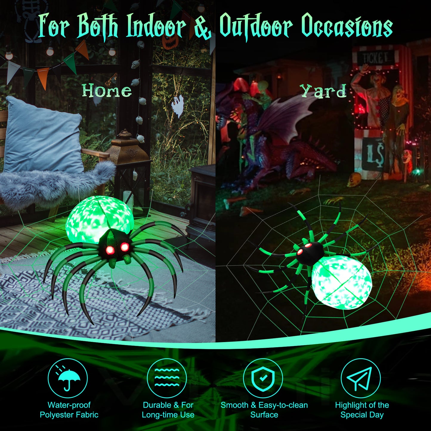 Topbuy Halloween Inflatable Spider with Cobweb Creepy Blow-up Spider with LED Rotating LED Light Green Black Legs Waterproof Halloween Decoration