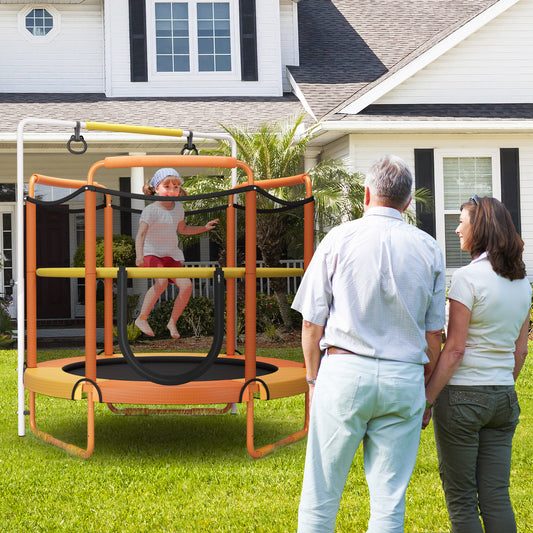 Topbuy 60 Inch Kids Trampoline, 330 LBS 3-in-1 Trampoline w/ Swinging Rings 3-Level Height Adjustable Horizontal Bar
