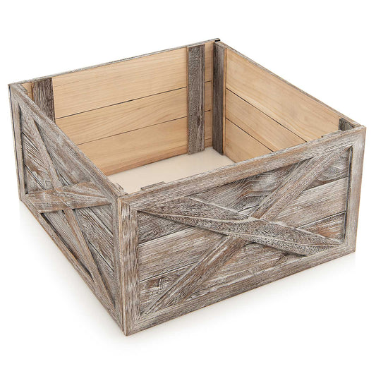 Topbuy 28.5''L Wooden Tree Collar Box 100% Solid Wood Christmas Farmhouse Wooden Tree Box W/ Hook & Loop Fasteners Grey/Brown