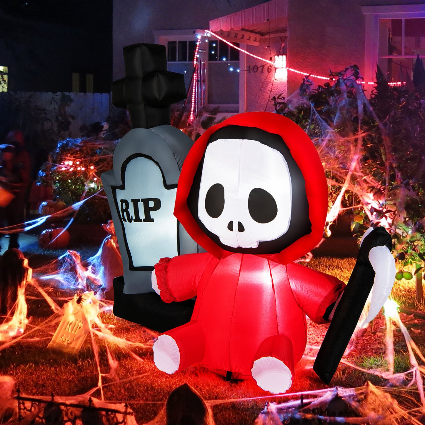 Topbuy 5 FT Tall Halloween Inflatable Decoration Blow Up Grim Reaper Ghost & Tombstone with Bright LED Lights Metal Ground Stakes
