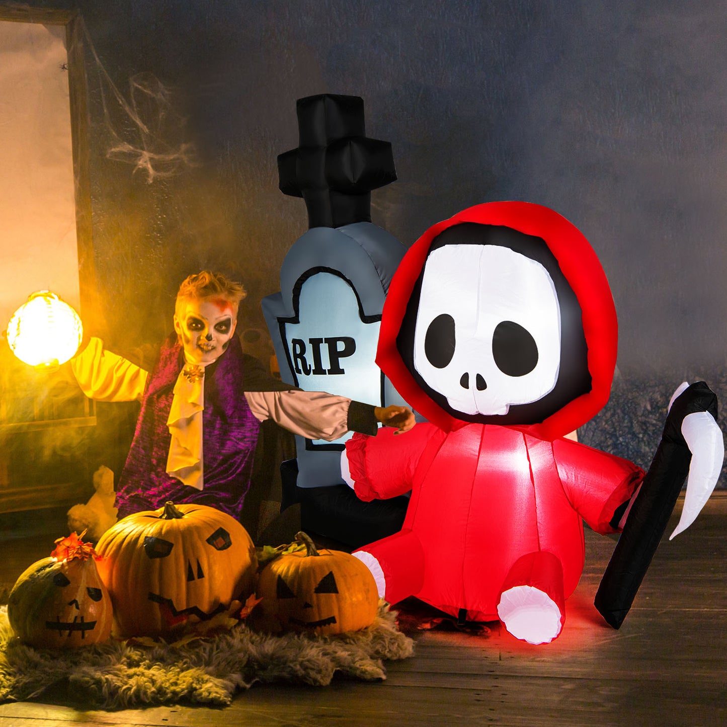 Topbuy 5 FT Tall Halloween Inflatable Decoration Blow Up Grim Reaper Ghost & Tombstone with Bright LED Lights Metal Ground Stakes