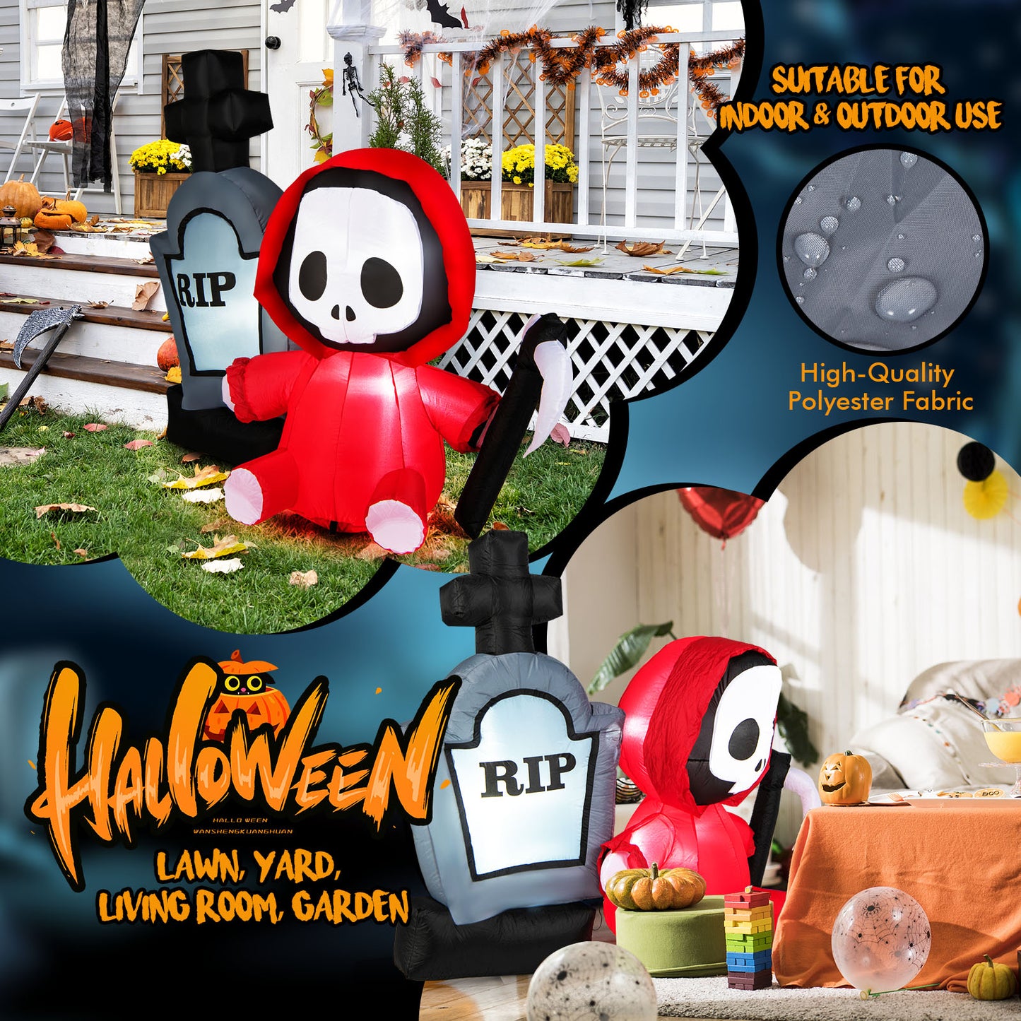 Topbuy 5 FT Tall Halloween Inflatable Decoration Blow Up Grim Reaper Ghost & Tombstone with Bright LED Lights Metal Ground Stakes