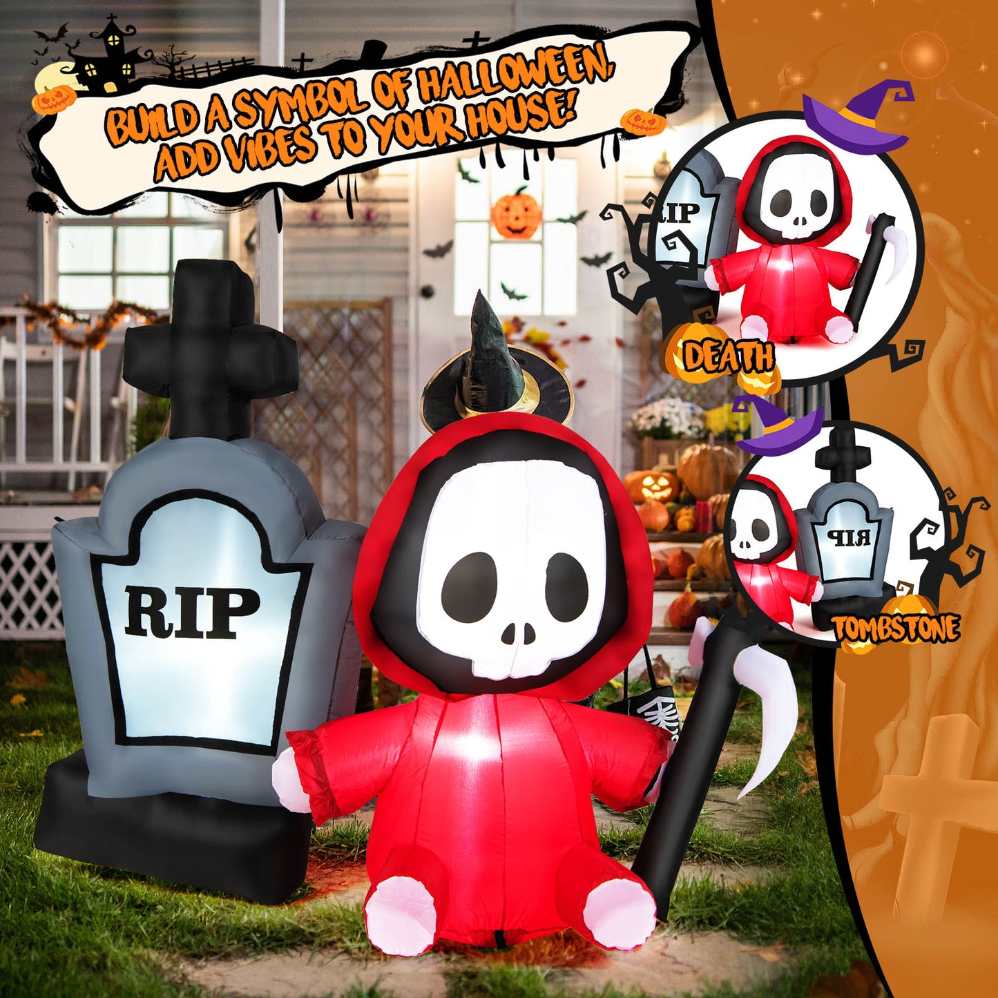 Topbuy 5 FT Tall Halloween Inflatable Decoration Blow Up Grim Reaper Ghost & Tombstone with Bright LED Lights Metal Ground Stakes