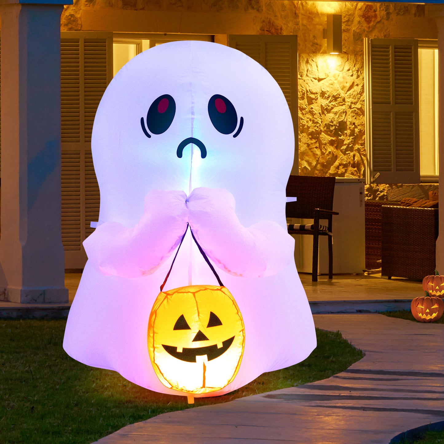 Topbuy 4 FT Halloween Inflatable Decoration, Colorful Inflatable Ghost with Pumpkin Lantern Built-in Flashing LED Lights & Waterproof Air Blower