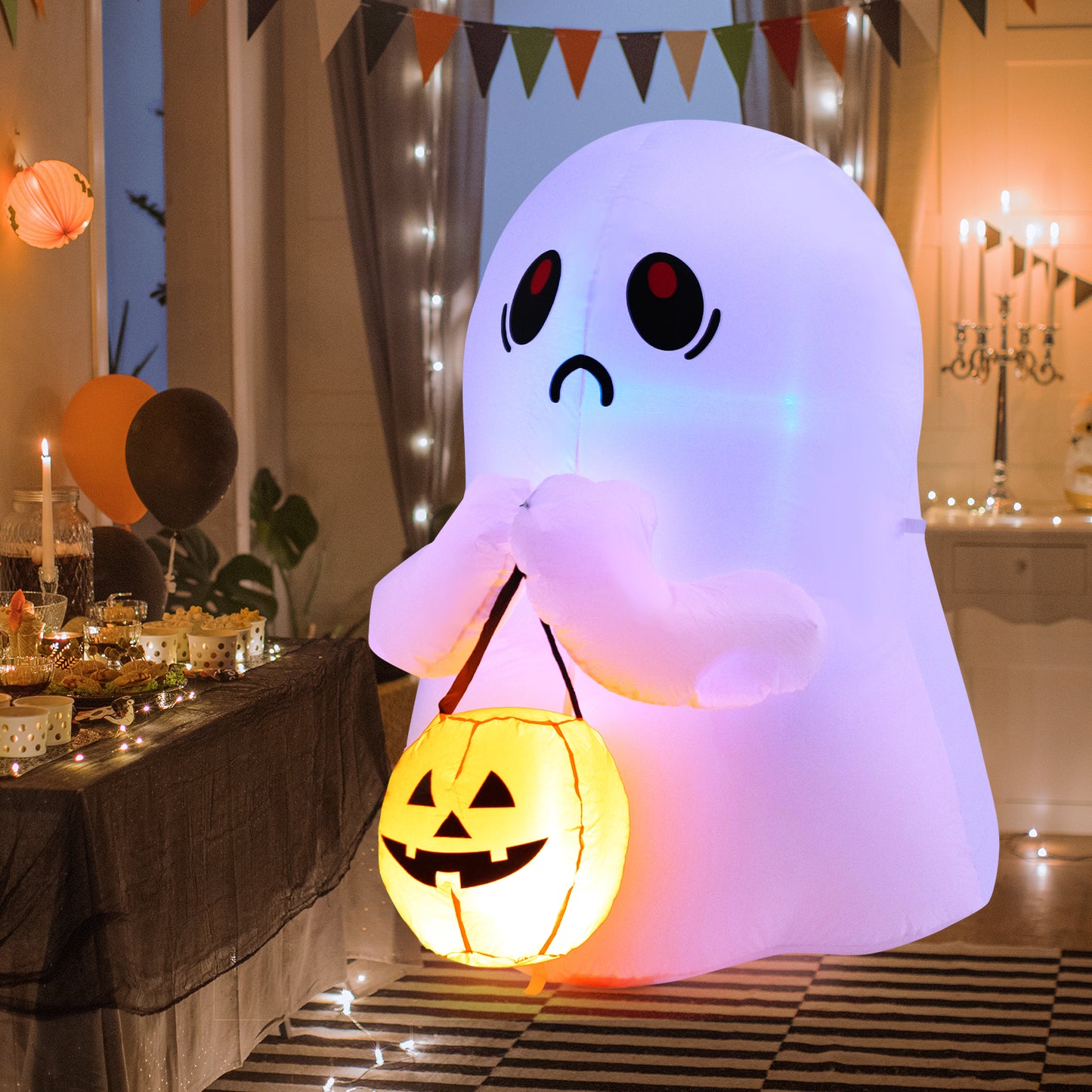 Topbuy 4 FT Halloween Inflatable Decoration, Colorful Inflatable Ghost with Pumpkin Lantern Built-in Flashing LED Lights & Waterproof Air Blower