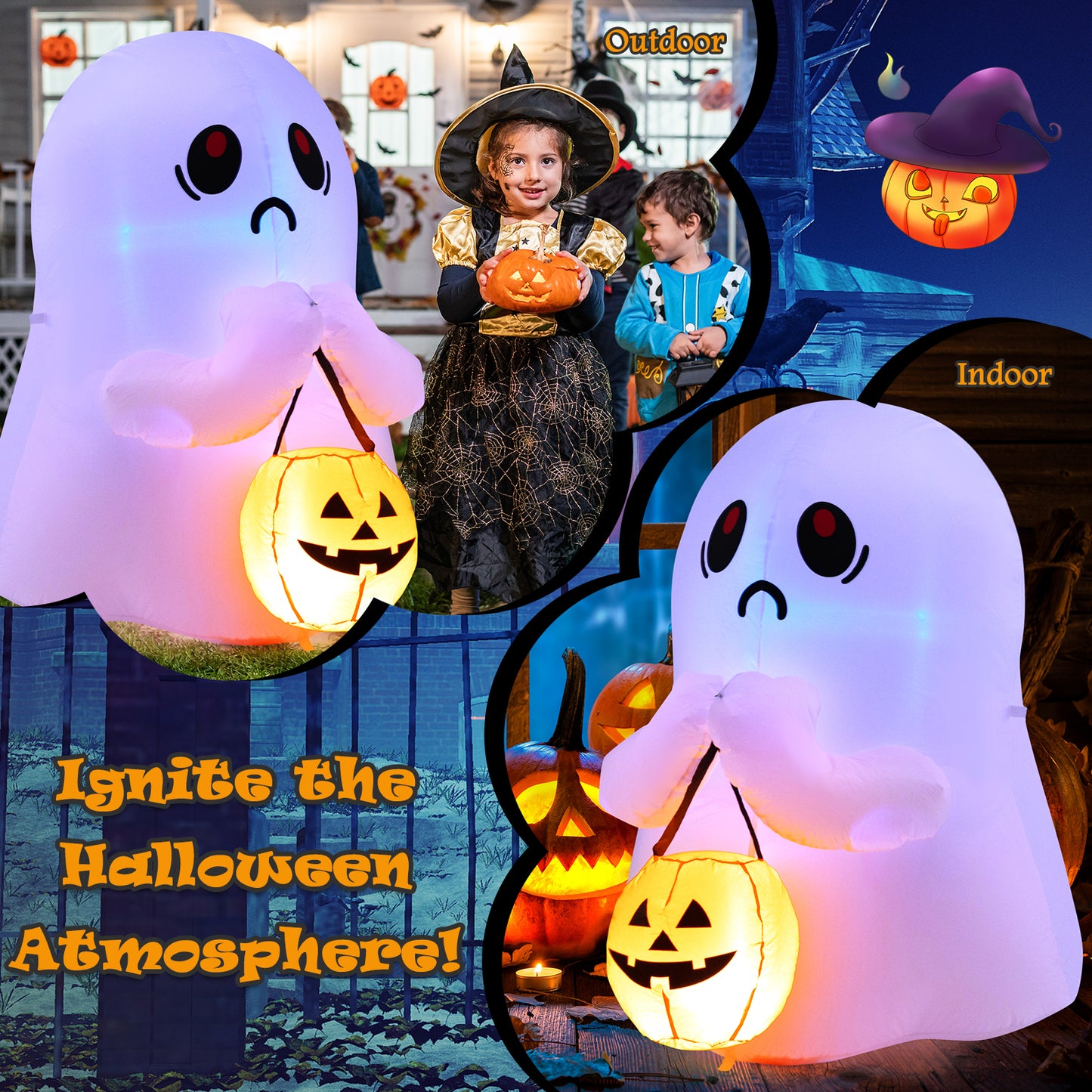 Topbuy 4 FT Halloween Inflatable Decoration, Colorful Inflatable Ghost with Pumpkin Lantern Built-in Flashing LED Lights & Waterproof Air Blower