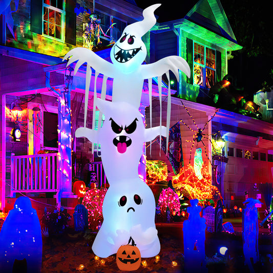 Topbuy 10FT Tall Halloween Inflatable Stacked Ghosts w/ Built-in RGB Lights Inflatable Overlap Ghosts Halloween Decor w/ Ropes & Stakes