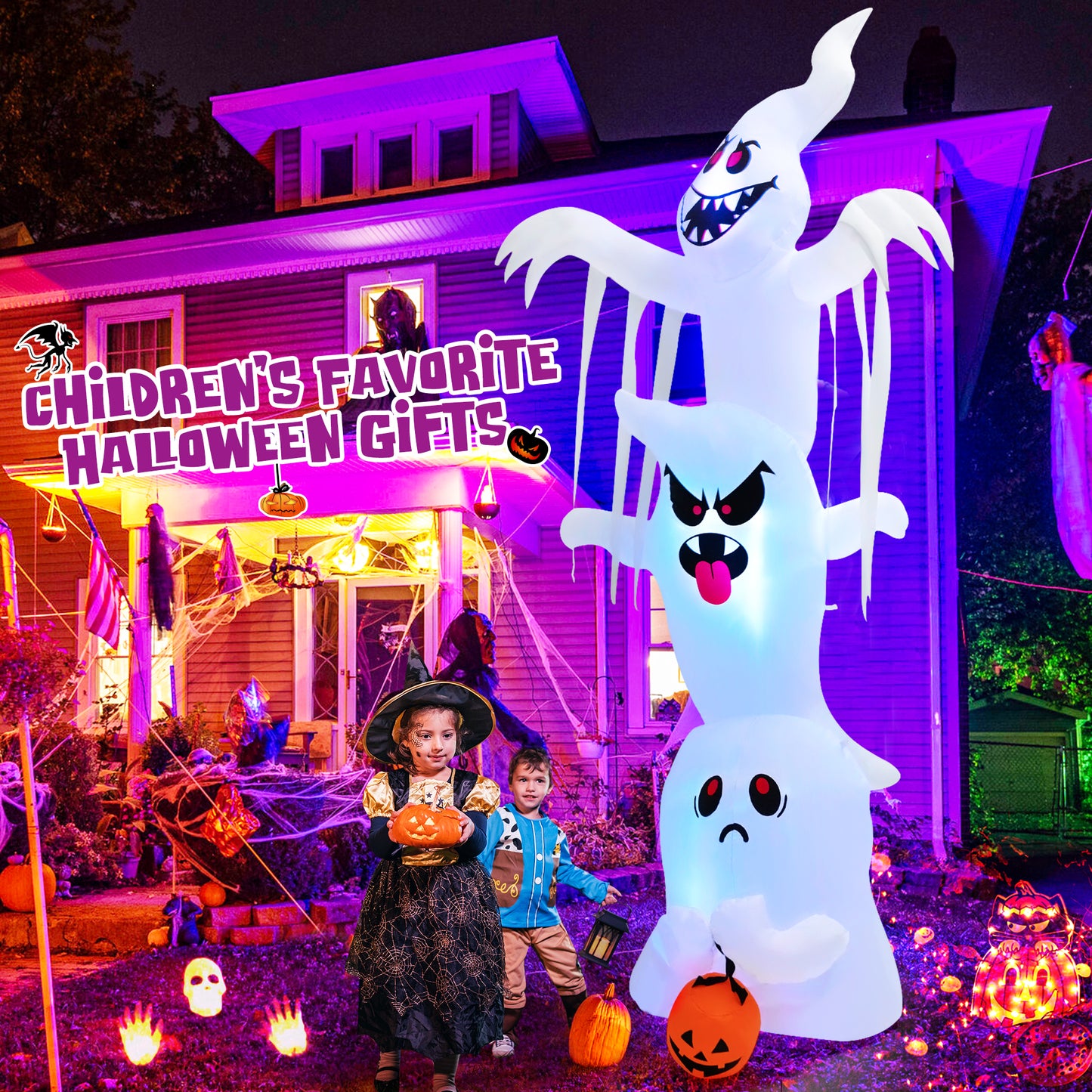 Topbuy 10FT Tall Halloween Inflatable Stacked Ghosts w/ Built-in RGB Lights Inflatable Overlap Ghosts Halloween Decor w/ Ropes & Stakes
